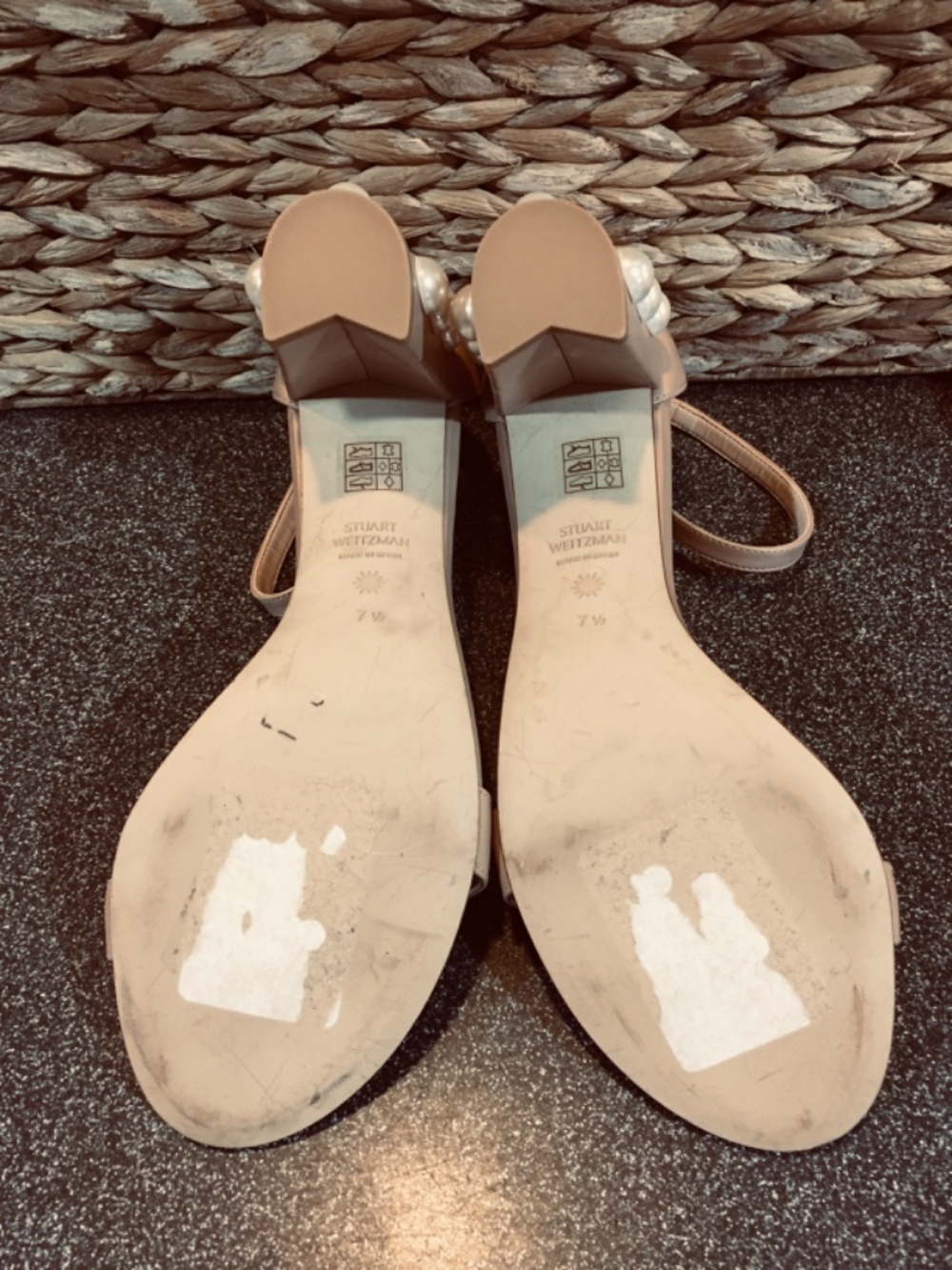 Stuart Weitzman Nude Beige Pearl-Embellished Block Heel Sandals - Picture 13 of 15